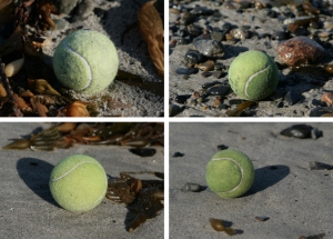 Quadro-tic, tennis balls at beach, by Teresa Helm